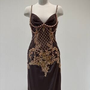 Mandalay Y2K Taupe Midi Dress with peach pearl beads, lace, sequence, sz 8